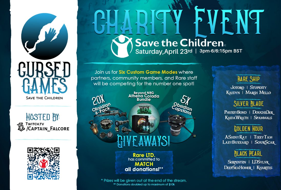 Spammals's tweet photo. TODAYS THE DAY!
20x OBSIDIAN 6 PACKS
5x OBSIDIAN CAPSTANS
@BeyondNRG Athena Colada
3PM UK TIME!!!
CURSED GAMES
SAVE THE CHILDREN
@SeaOfThieves #CursedGames https://t.co/Y6X5E99mJt