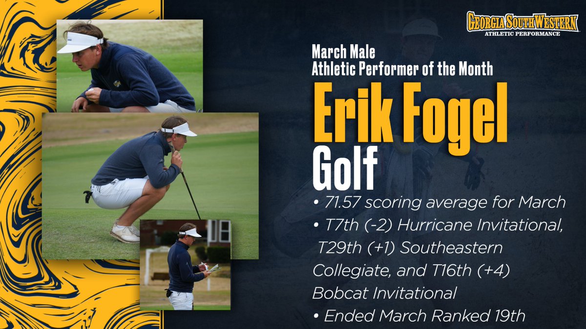 GSW_AthPerf's tweet photo. Today we will be showcasing our final nominees for the Male and Female Athletic Performer of the Year. Starting with our Male Athletic Performer of March we have Erik Fogel from @GSW_GOLF. Congrats Erik on a great month! https://t.co/QhQfwuqI6p