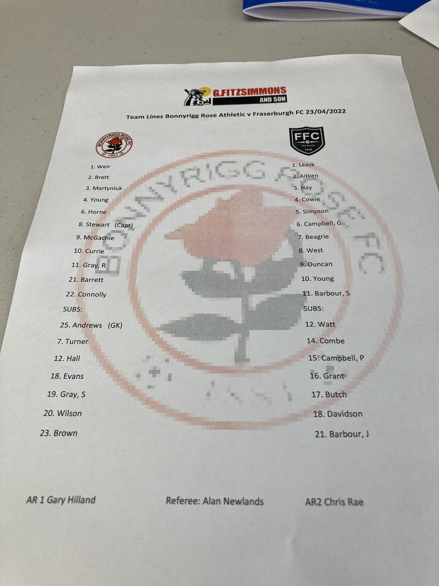 FraserburghFC's tweet photo. Today’s team line ups for the Pyramid Play Off first leg between Bonnyrigg Rose Athletic and Fraserburgh #theBroch 
Please note that Ryan Sargent is on the bench for the Broch. Number 19 #theBroch https://t.co/EgCz3QMWUM