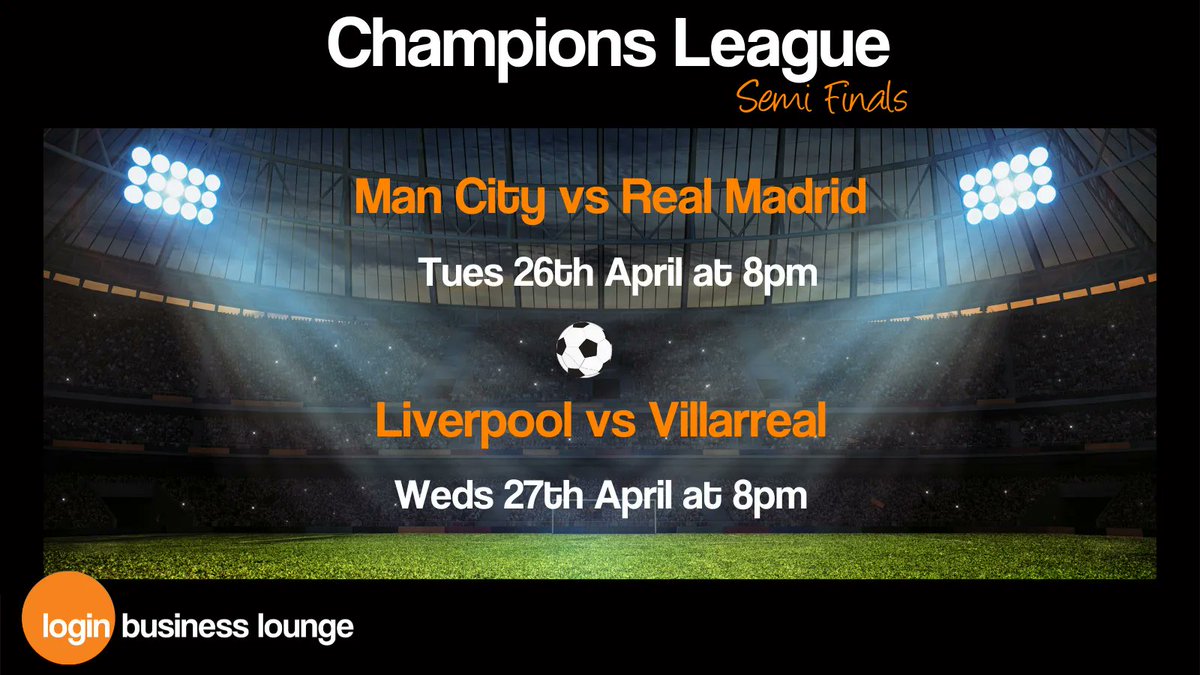 We're screening the #ChampionsLeague Semi Finals at Login Business Lounge in #Camberley, on Surrey's biggest screen! FREE ENTRY!

⚽️ Man City v Real Madrid, Tues 26th Apr 8pm: buff.ly/3MrzQ51
⚽️ Liverpool v Villarreal, Weds 27th Apr 8pm: buff.ly/3v3XQVH
