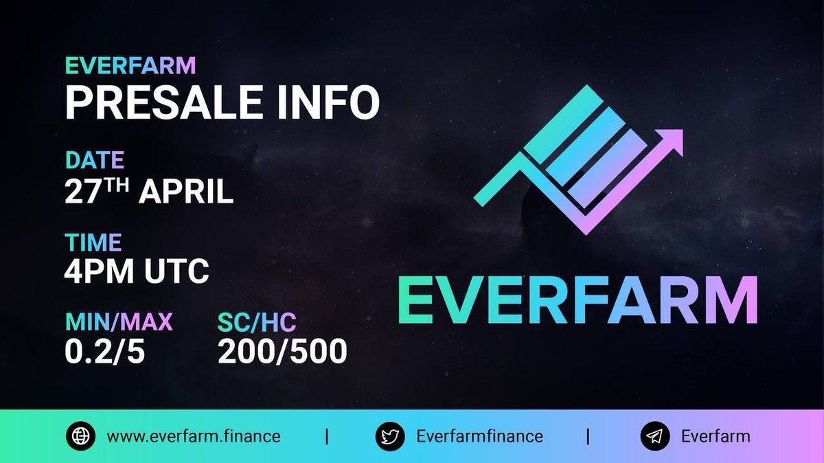 Everfarmfinance's tweet photo. 💹⚡PRESALE DETAILS⚡💹

DATE: 27 APRIL 2022
TIME: 16:00 UTC
HC/SC: 200/500
PLATFORM: TBA

Whitelist: https://t.co/7lKA1SEMBK

#evefarm #BSCGemsAlert #BSC #Titano #presale https://t.co/DE8qOTFyyY