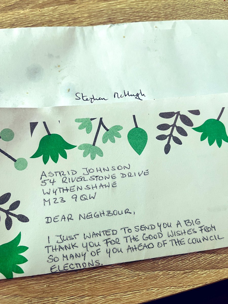 StephenJMchugh's tweet photo. Letter from Astrid @tweetaj asking me to vote for her in WoodhousePark. Crazy asking the @WSECA WHP candidate for a vote #desperation. If you don’t want to vote for me DO NOT vote for Astrid. She told me she lives in Whalley Range! Greens are against jobs at @manairport #NotLocal https://t.co/Sv7Mv9zGl0