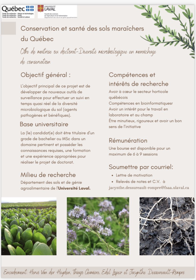 📣 Master/PhD Alert! Dans le cadre du projet #RQRAD récemment approuvé et sous la direction de <a href="/JacyntheRompre/">Jacynthe Dessureault-Rompré</a> nous avon un très cool project! «Diversité microbiologique en maraîchage de conservation» sous la direction de <a href="/der_herve/">herve van der heyden</a> @GumiereThiago <a href="/Edel_PLopez/">Edel Pérez-López</a> et <a href="/JacyntheRompre/">Jacynthe Dessureault-Rompré</a>