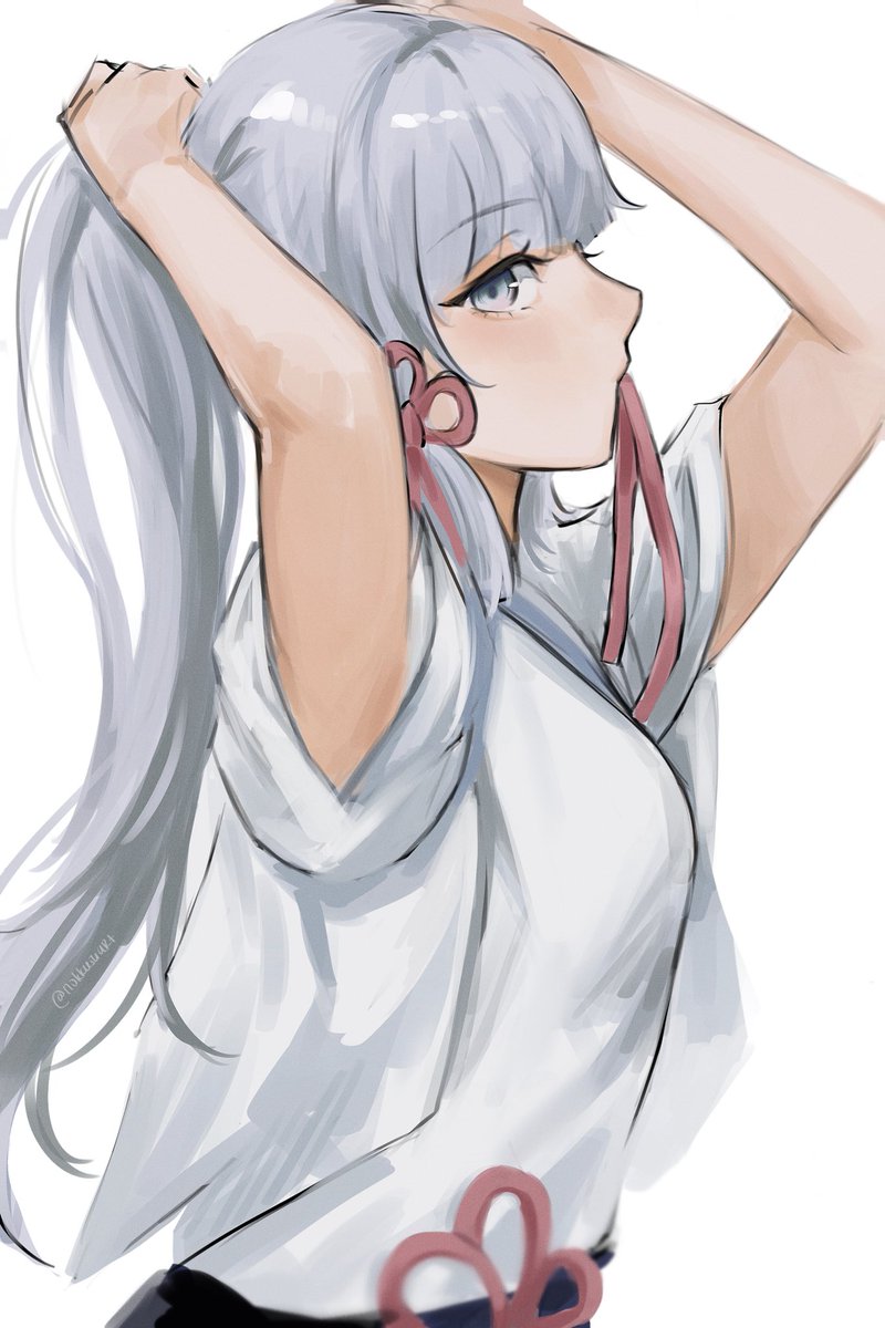kamisato ayaka 1girl solo tying hair white background long hair ponytail bangs  illustration images