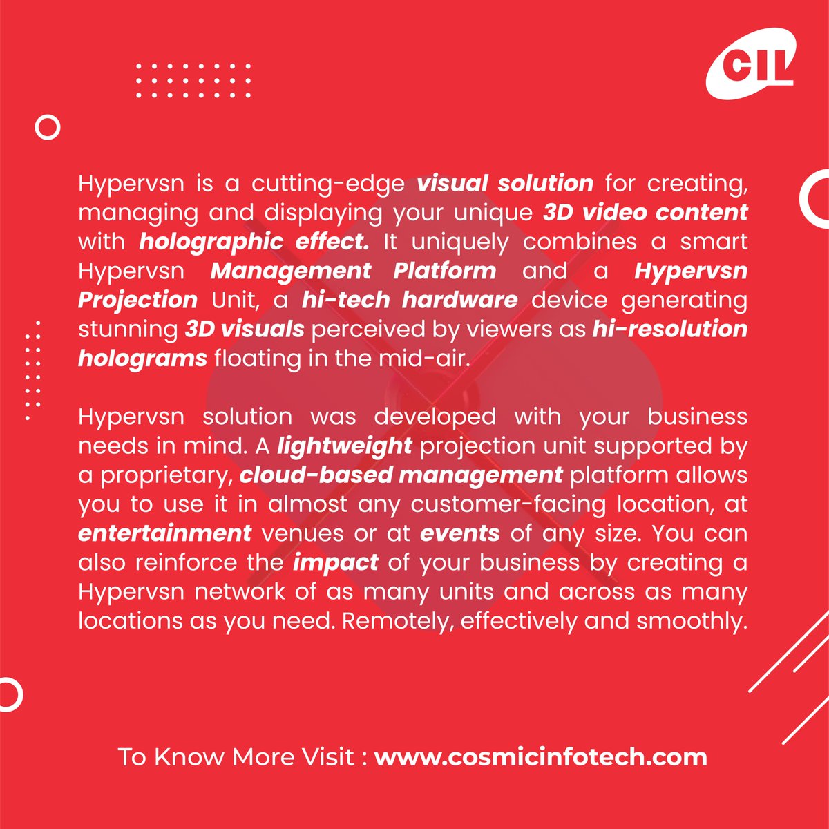 cosmicinfotech's tweet photo. Here is everything you need to know about HyperVSN- 3D Holographic Display.
.
To know more visit: https://t.co/6m1aeC8cH9
.
.
.
#hypervsn #hologram #holographic #hologramfan #digitalsignage #3dhologram #holograms #advertising #innovation #signage #retaildesign  #retailstore https://t.co/hVLqHGhoxe