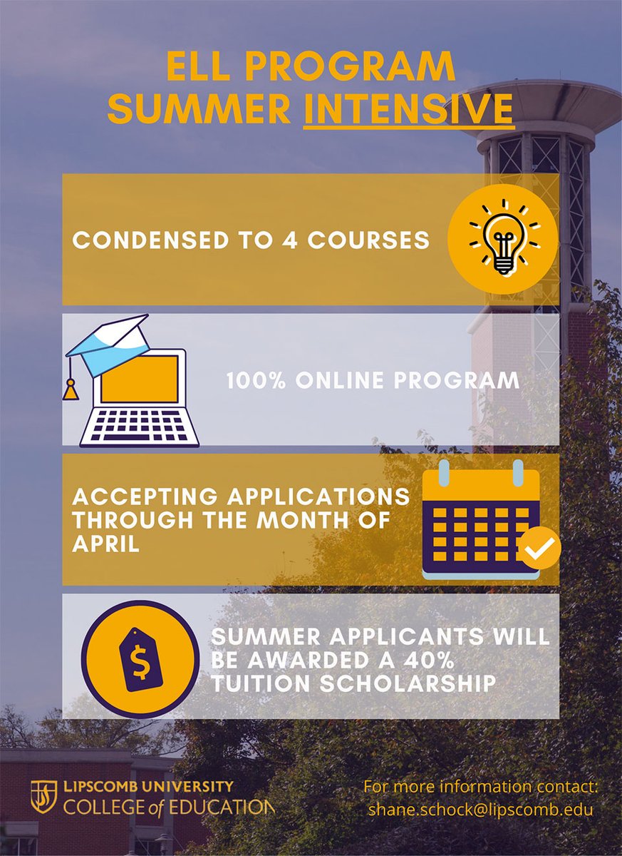 LipscombCofEd's tweet photo. Earn an English Language Learning (ELL) endorsement with Lipscomb's summer intensive. 4 courses. 100% online. 40% tuition discount. Apply this month! https://t.co/IsvN3wZGcG or contact shane.schock@lipscomb.edu https://t.co/lpoe4C7POI