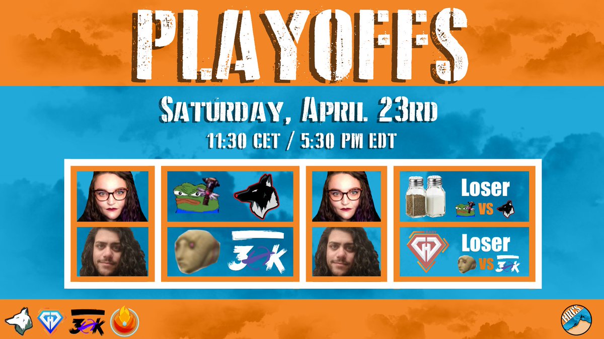 Playoffs are TONIGHT at 5:30PM EDT!

🔶 Upper Bracket Semi-Finals:

🔷 pepeSmack vs <a href="/WildHeartEsport/">WildHeart Esports</a> Omega
🎙️ <a href="/JazzaleneGames/">Jazzalene</a>
📺 twitch.tv/jazzalene

🔷 ManChickens vs <a href="/30korg/">30K</a> Violet
🎙️ <a href="/GOONGGWP/">SOTO 🇵🇷</a> 
📺 twitch.tv/goonggwp