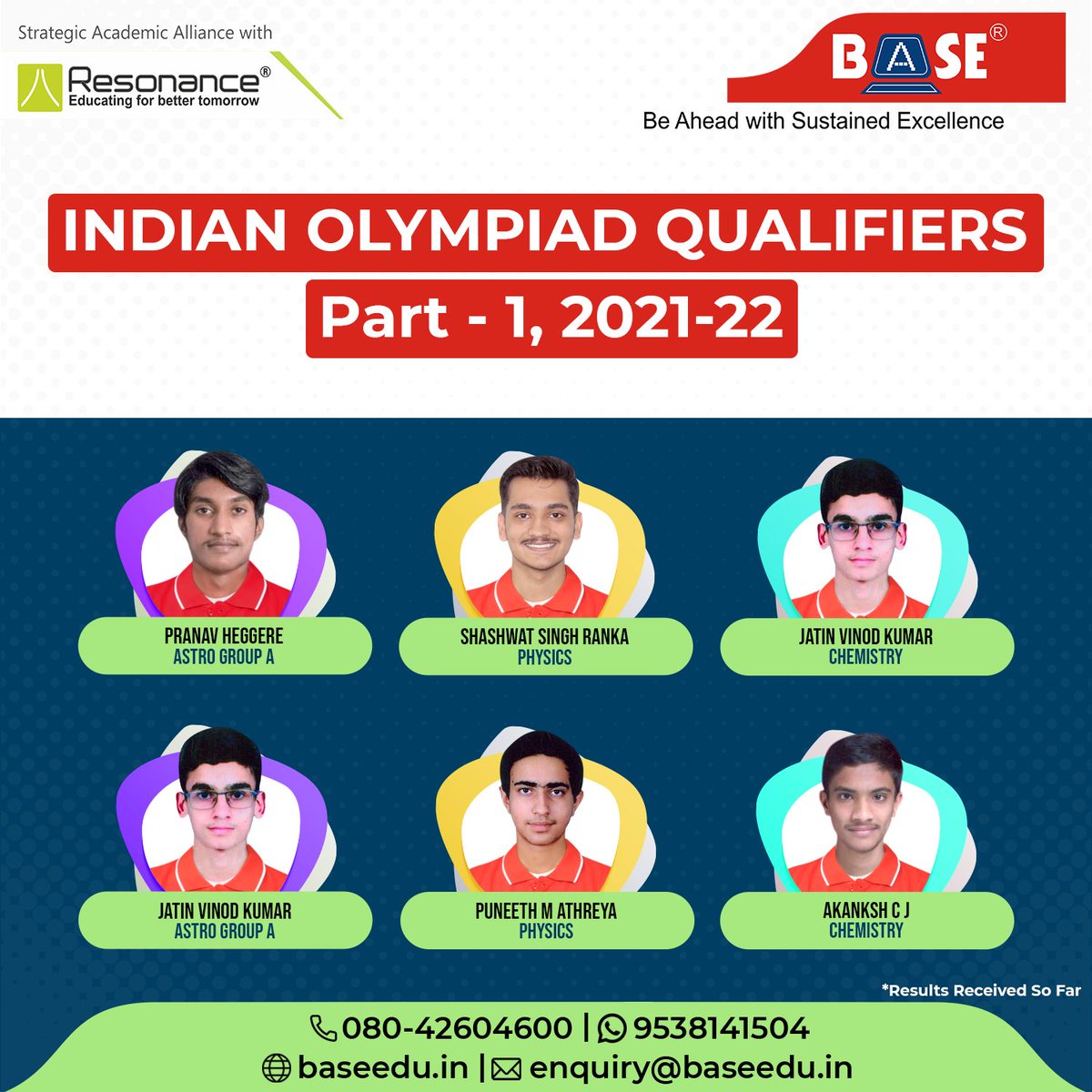 BASEEducational's tweet photo. ✌️ Heartiest congratulations &amp; best wishes to all our students who qualified Indian Olympiad, Part-1, 2021-22 and will be participating in Part-2.

#IOQP #Olympiad #BASEForSuccess #EarlyToBaseEarlyToSuccess https://t.co/J57rym8i5A
