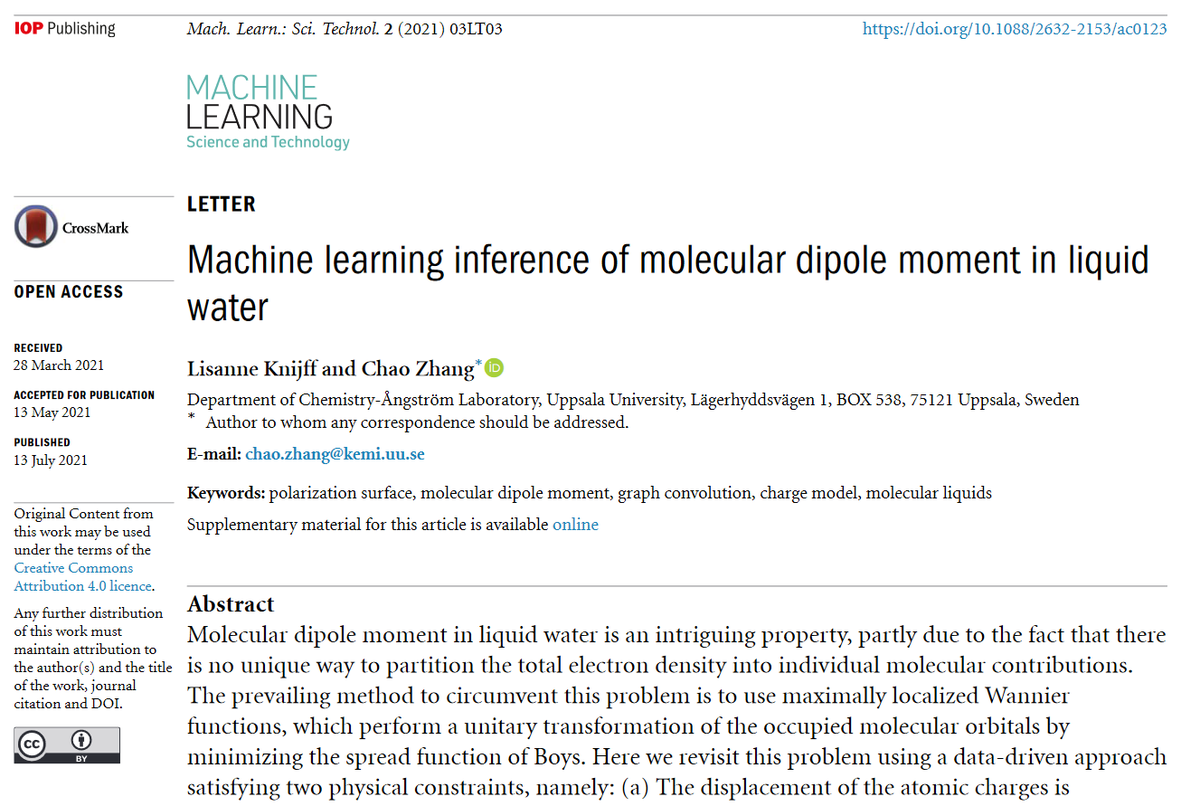 MLSTjournal's tweet photo. '#Machinelearning inference of molecular dipole moment in liquid #water' by @chazhaUU and Lisanne Knijff @chem_angstrom @CmcTeoroo @UPPMAX @UU_University hits 1500 downloads! https://t.co/yelVv74NIx #compchem #HPC #openscience #NeuralNetworks #AI #DFT #moleculardynamics #liquids https://t.co/fb1DHkst3W
