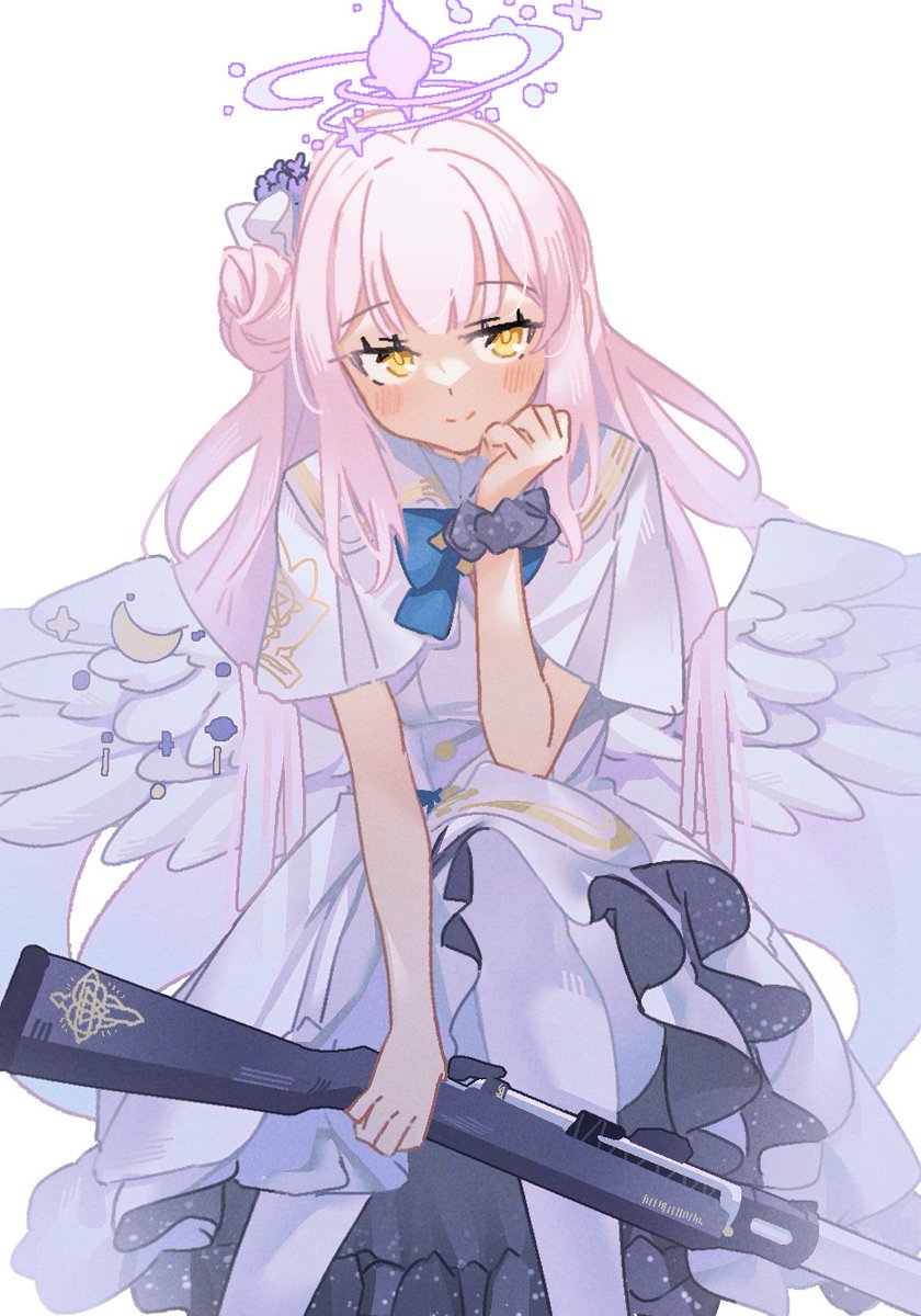 mika (blue archive) 1girl weapon solo gun pink hair halo wings  illustration images