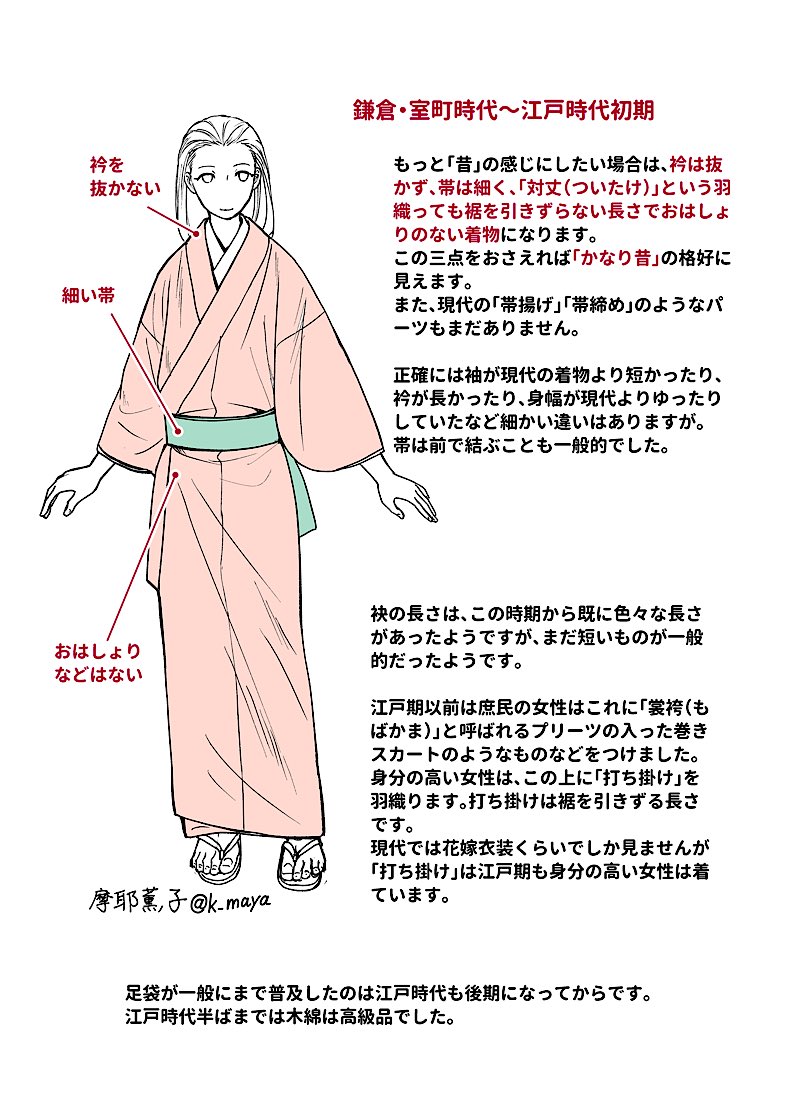 「着物」がほぼ現代のような形になったのは江戸時代半ばですが、「着付け方」は明治時代を境に大きく変わっています。
現代の着付けを参考に時代ものを描こうとすると、かなりちぐはぐな印象になってしまいますのでご注意ください。 