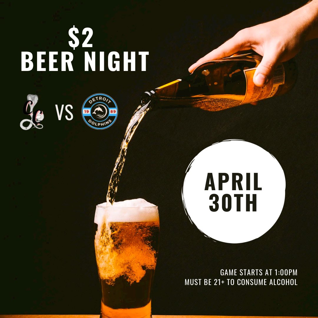 emmaspm280's tweet photo. SURPRISE! Next week’s rivalry game in Detroit includes a $2 beer special🍻

Click the link in our bio to purchase tickets!

#chicagocobras #gvsportmgt280 https://t.co/xRFvvQ9WgO