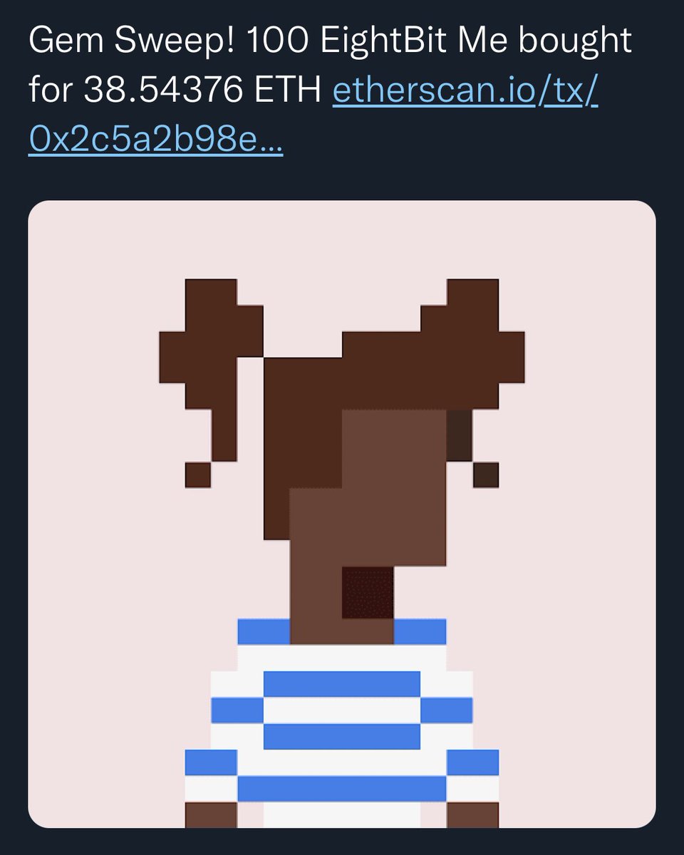The wallet that has just bought 100 #EightBit has also bought 8 CryptoPunks for a total of 900 ETH, 5 "Fidenza" for a total of 750 ETH and tens of Meebits. He is also the address who used a flash loan months ago to buy a crypto punk for 124k ETH (500M $)

Congrats <a href="/eightbit/">EightBit</a> 💎