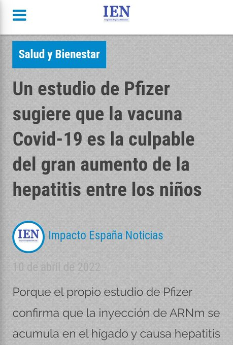 carayarez2021's tweet photo. #ALERTA #BoricValeCallampa #DiaDeLaTierra #DiaDelLibro #VAERS Un Estudio de #Pfizer Sugiere Que #Vqna 💉#ARNm Contra #Covid -19 Se Acumula en El Hígado y es Culpable del Aumento de #HepatitisInfantil entre #NiñosVqnados 💉Otro #EfectoAdverso de Las #Vqnas en #España 10 abril 2022 https://t.co/p9rCyLf98h