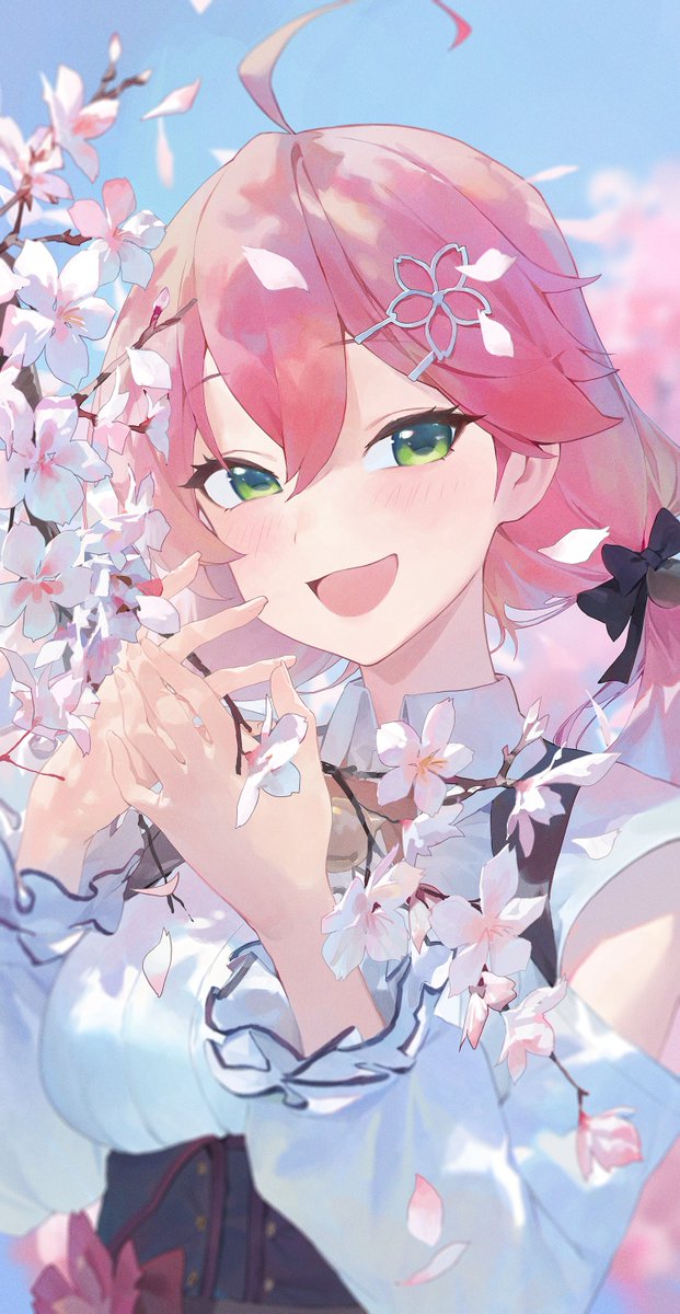sakura miko 1girl green eyes solo ahoge hair ornament pink hair cherry blossoms  illustration images