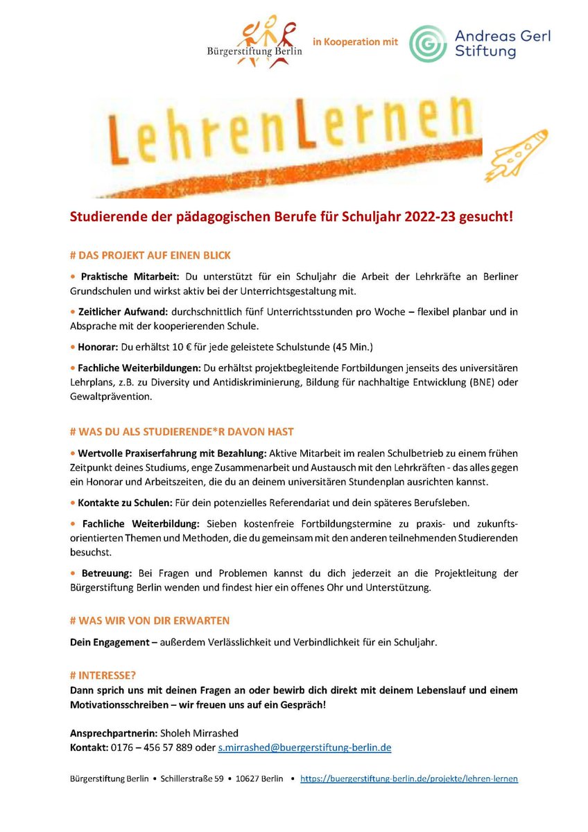 Lehramtsstudierende haben im nächsten Schuljahr wieder die Möglichkeit begleitete Praxiserfahrung im Projekt LehrenLernen sammeln. 
Wir freuen uns, auf eure Bewerbungen.
buergerstiftung-berlin.de/projekte/lehre…
#Lehramt #Schule #LehrenLernen