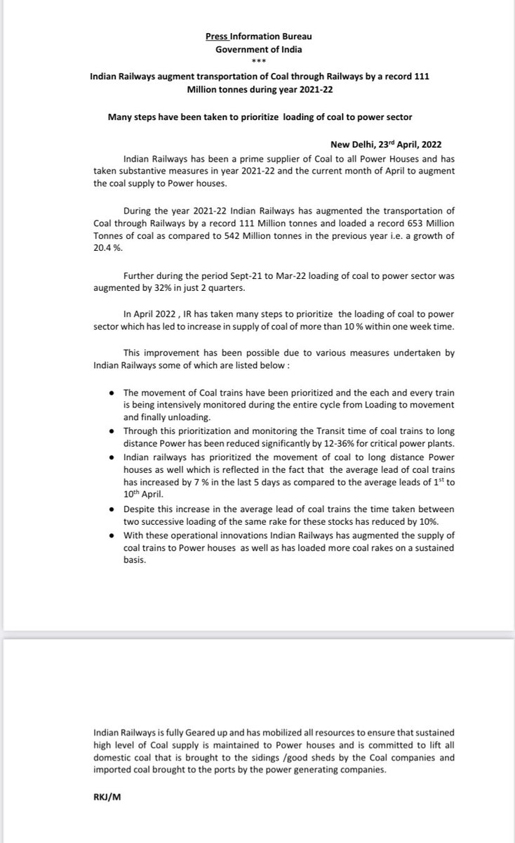RailMinIndia's tweet photo. In April 2022 , Railways proactively prioritized the Coal loading to power sector which has led to increase in supply of coal of more than 10 % within one week time.

https://t.co/0orGGCSWZ8 https://t.co/F1g85lnwCk