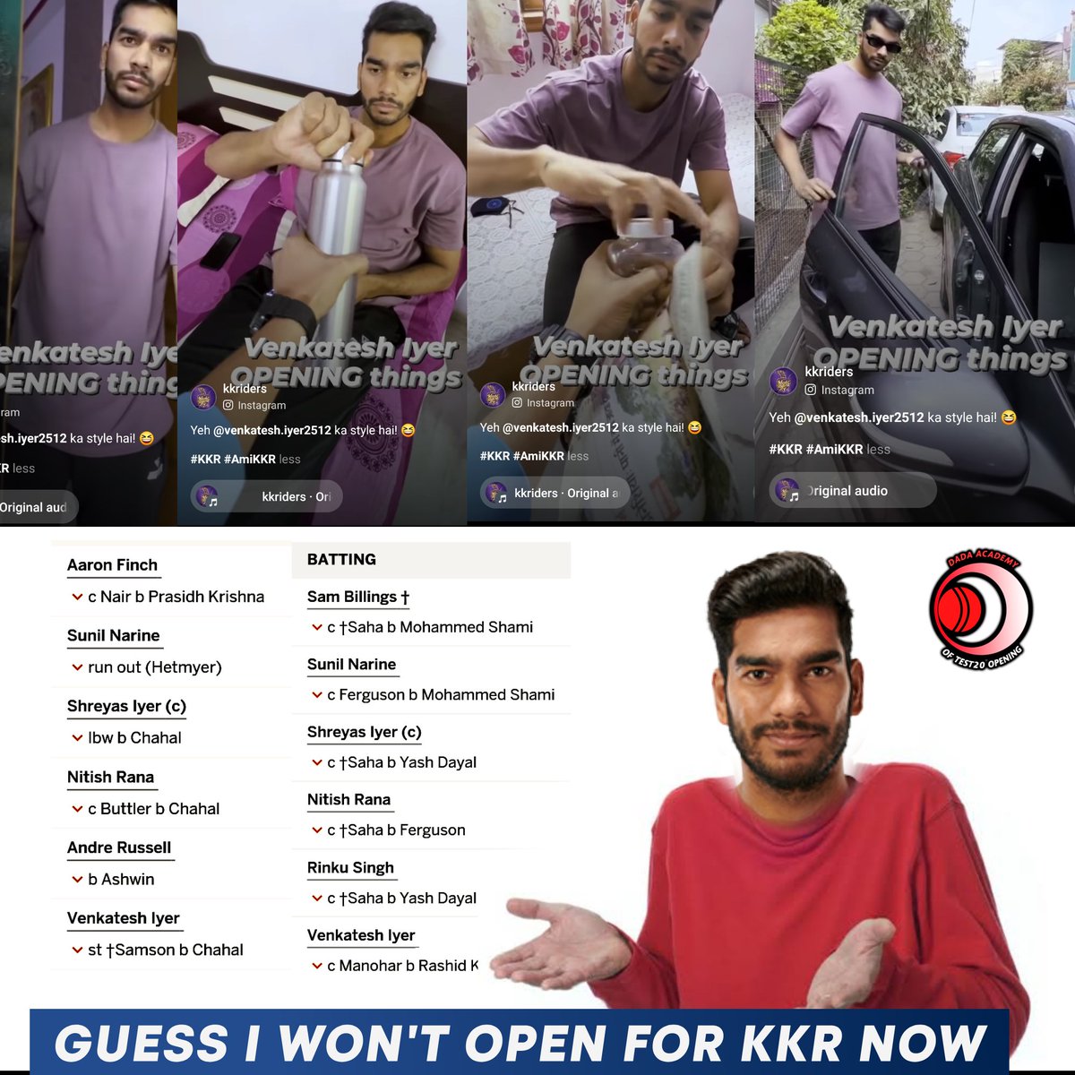 DadaAcademyT20's tweet photo. Very unprofessional behaviour from KKR management! Giving all the hype about the budding opener and now sending him at No.6 in the past matches.😑
#GTvKKR #TATAIPL2022 https://t.co/XEcLomnaZu