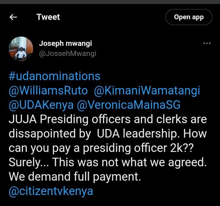ji254's tweet photo. My sisters were promised 4,500. As unemployment young moms, they worked throughout the cold night. Their money was delayed and when they finally got paid they got 2000. How are we to trust a party that lies to its polling officers? #UDANominations @WilliamsRuto @citizentvkenya https://t.co/RA3k478y9r