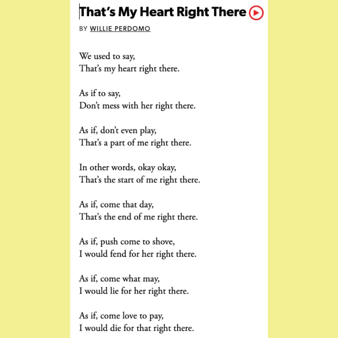 manchestervtLIB's tweet photo. It's a ghazal for Structure Saturday in MCL's Celebration of #NationalPoetryMonth!
"That's My Heart Right There" by @WilliePerdomo
https://t.co/m5GPW9EdHr
#Poetry #MCLVT #WilliePerdomo #Ghazal https://t.co/xx7wuEHfM1