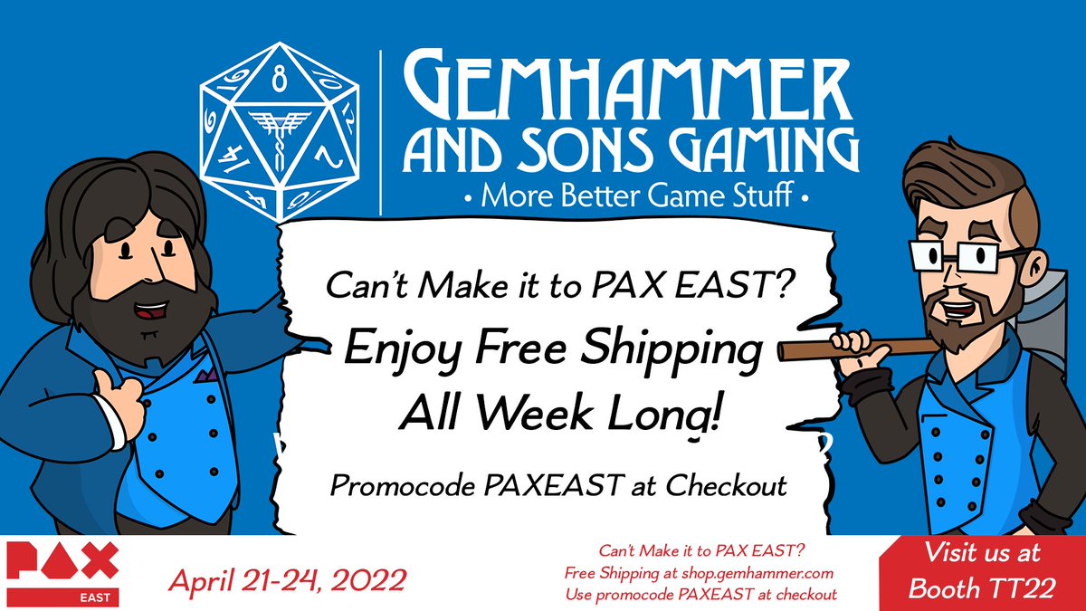 GemhammerGaming's tweet photo. Can't make it to #PAXEAST? Then enjoy free shipping all weekend long at https://t.co/d58OlYlMY4

use the promo code PAXEAST at checkout!

#pax #dnd #freeshipping #dnd5e #dice #d20 #spellcards https://t.co/SPgrEwKqRq