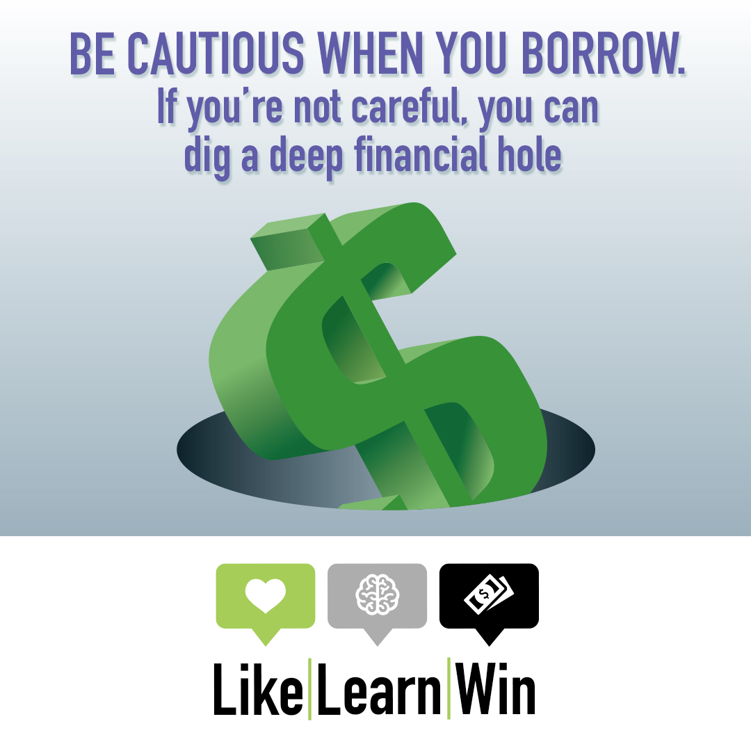 ElementsofMoney's tweet photo. Today’s tip to help you BORROW smarter: If you’re not careful when borrowing, you can dig a deep financial hole that takes years to climb out of. 

How do you win $50 to spend on Amazon the easy way? Follow us on IG &amp; like a #LikeLearnWin contest post. Winner chosen weekly. https://t.co/dQHVPJMf7r