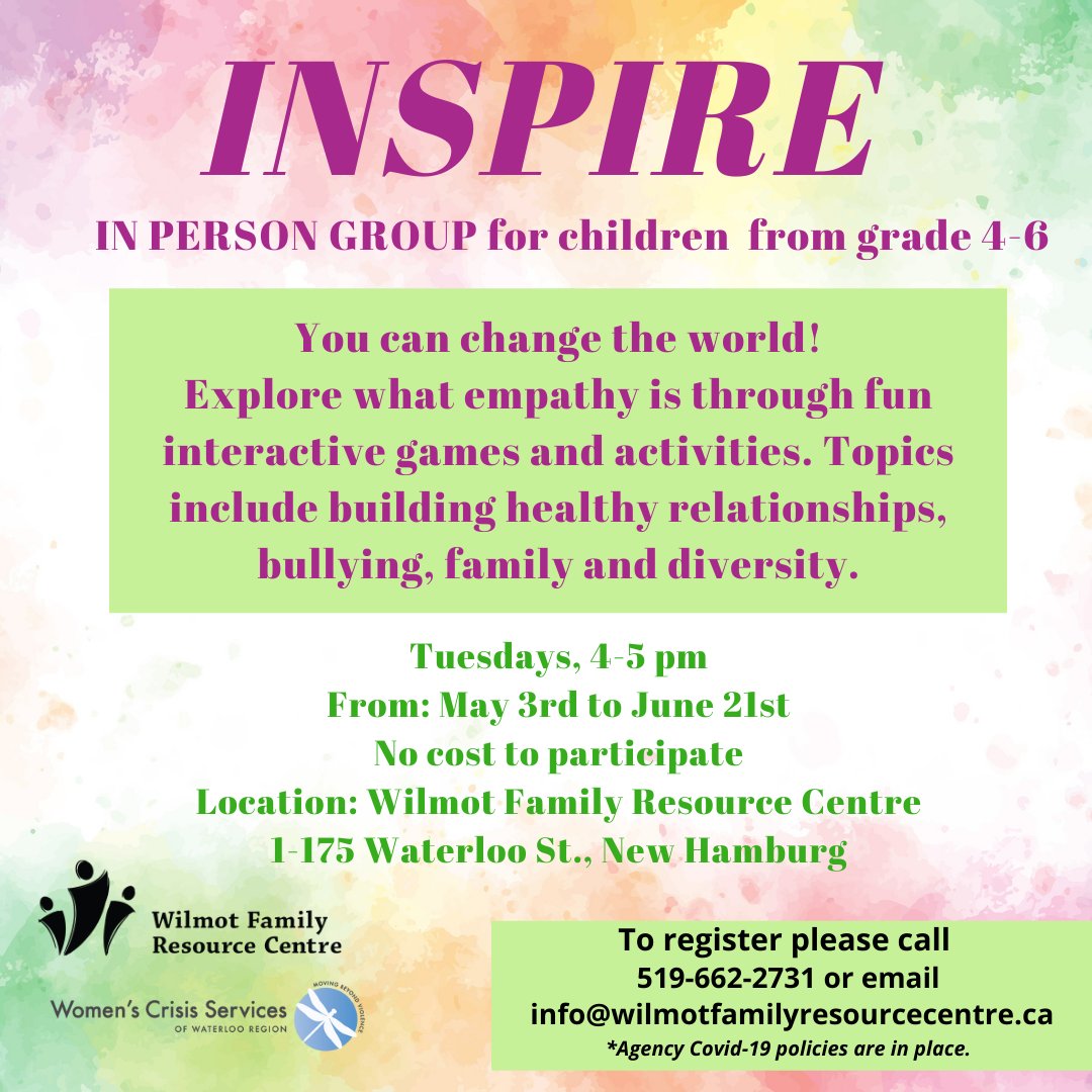 OfficialWWRC's tweet photo. We're partnering w/ @WomensCrisisSWR to offer the 'Inspire' program in-person for children in grades 4-6. Explore what #empathy is through fun interactive games and activities. Pre-registration is required at 519-662-2731. No cost to participate. #inspire #wfrc #wcswr #wilmot https://t.co/FhvfGNxIYB