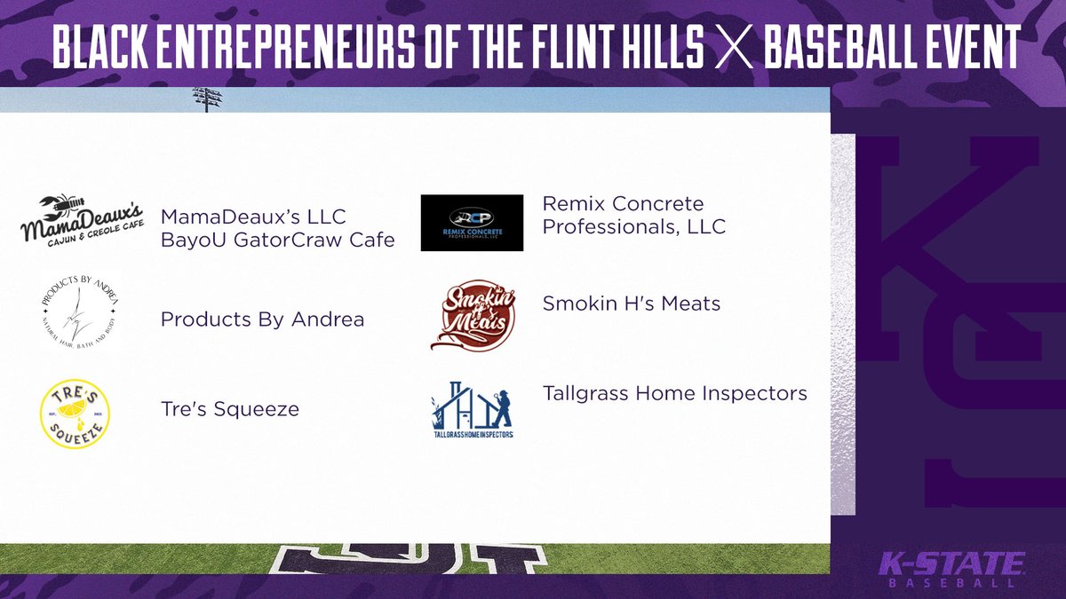 KStateBSB's tweet photo. As a part of our diversity and inclusion day, we are proud to host these black-owned businesses.

Visit the right-field patio during today's game to sample and learn more about these organizations. 

#KStateBSB x Stronger Together https://t.co/gNwReJDT6r