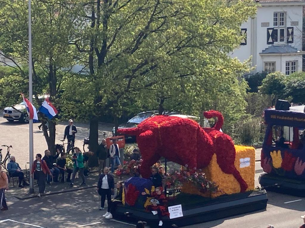 ArthijV's tweet photo. The bull is present at the flowerparade in the Netherlands also. All supportive of our world champion! Go @Max33Verstappen &amp; @redbullracing! Gl today! https://t.co/KMaAX6RfbY