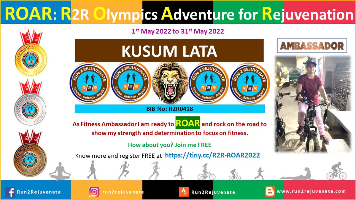 Run2Rejuvenate's tweet photo. "Kusum is excited for *Run2Rejuvenate's Olympics Adventure for Rejuvenation* and has determined to grab *GOLD* in 🚴🏻‍♀️. How about you? Know more and register Free at https://t.co/0cPF68G28r
#FitnessMotivation #Wellbeing #runner #sports https://t.co/GXUe5NCtvJ