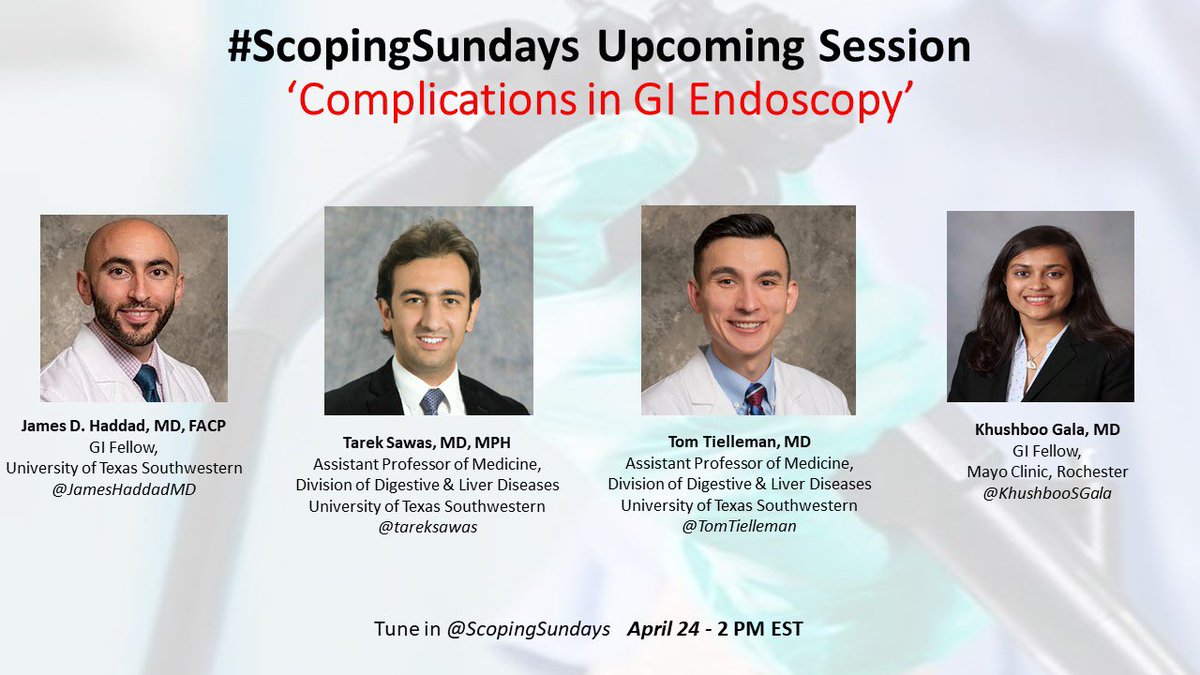 #ScopingSundays (@scopingsundays) on Twitter photo If you are a #GI physician, you need to be prepared to deal with “Perforations during GI Endoscopy”!
Join us tomorrow at #ScopingSundays 🔥🔥 to learn some pearls & share your tips!
Moderated by <a href="/JamesHaddadMD/">James D. Haddad, MD, FACP</a> & <a href="/KhushbooSGala/">Khushboo Gala</a> - & our Expert Guests <a href="/TomTielleman/">Tom Tielleman, MD</a> & <a href="/tareksawas/">Tarek Sawas, MD, MPH</a>! If you are a #GI physician, you need to be prepared to deal with “Perforations during GI Endoscopy”!
Join us tomorrow at #ScopingSundays 🔥🔥 to learn some pearls & share your tips!
Moderated by <a href="/JamesHaddadMD/">James D. Haddad, MD, FACP</a> & <a href="/KhushbooSGala/">Khushboo Gala</a> - & our Expert Guests <a href="/TomTielleman/">Tom Tielleman, MD</a> & <a href="/tareksawas/">Tarek Sawas, MD, MPH</a>!