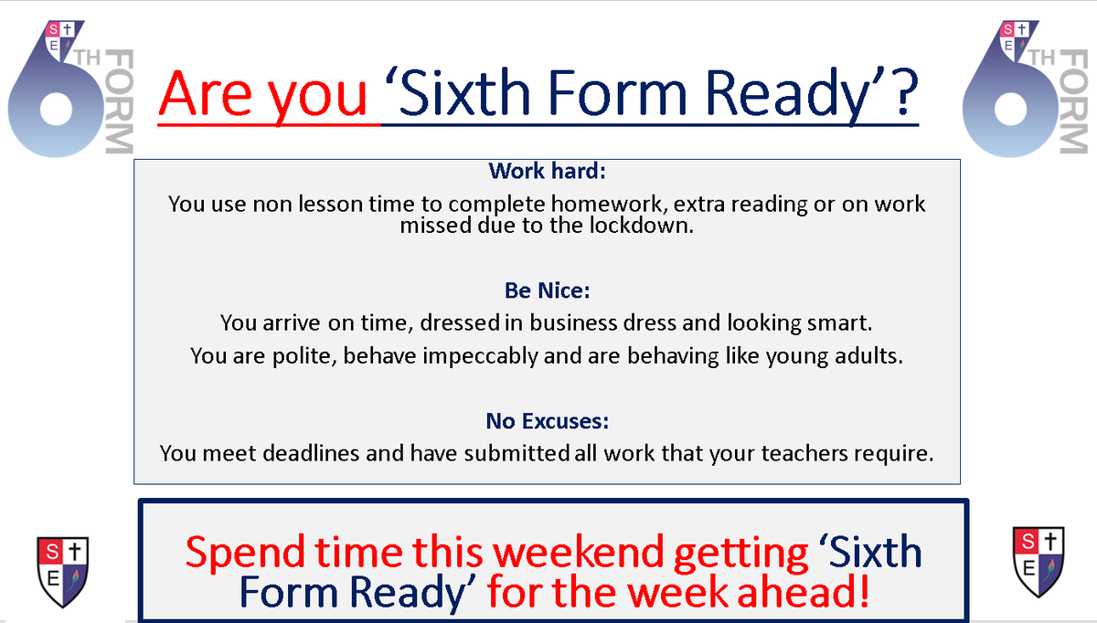 sloughetonsixth's tweet photo. On Monday we return to school for the summer term. 

Spend some time this weekend getting Sixth Form Ready so you can make Every Minute Matter in this really important term. https://t.co/YHFYzb1bvy