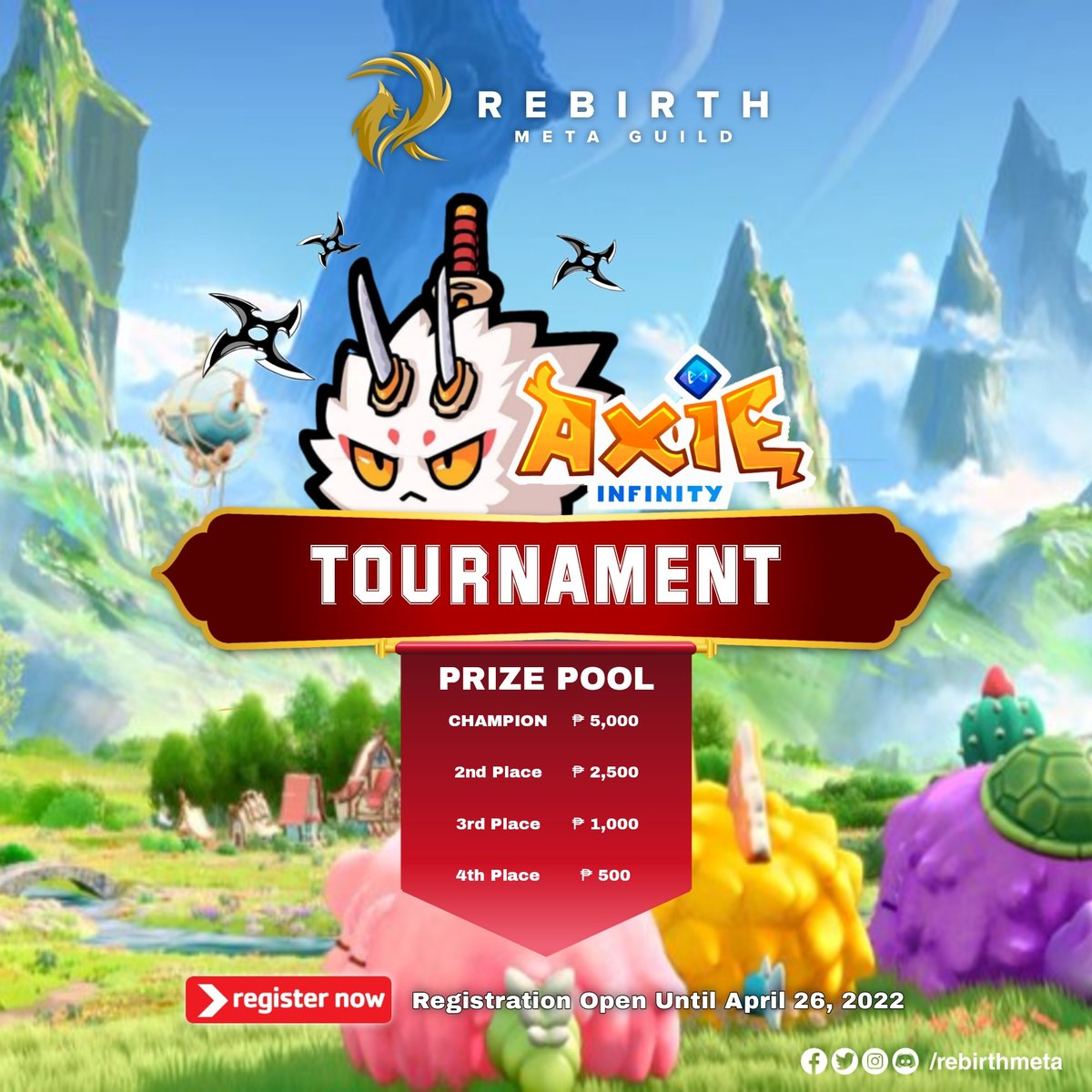rebirthmeta's tweet photo. It's here! π₯π₯π₯
Be a part of our very first Axie Infinity Tournament π
Join the clash and win exciting prizes πΈ
Witness this action-packed event
Stay tuned!
#RebirthMetaGuild
#WeRMG
#AxieInfinity
#AxieInfinityTournament https://t.co/FsIbhnBzQs