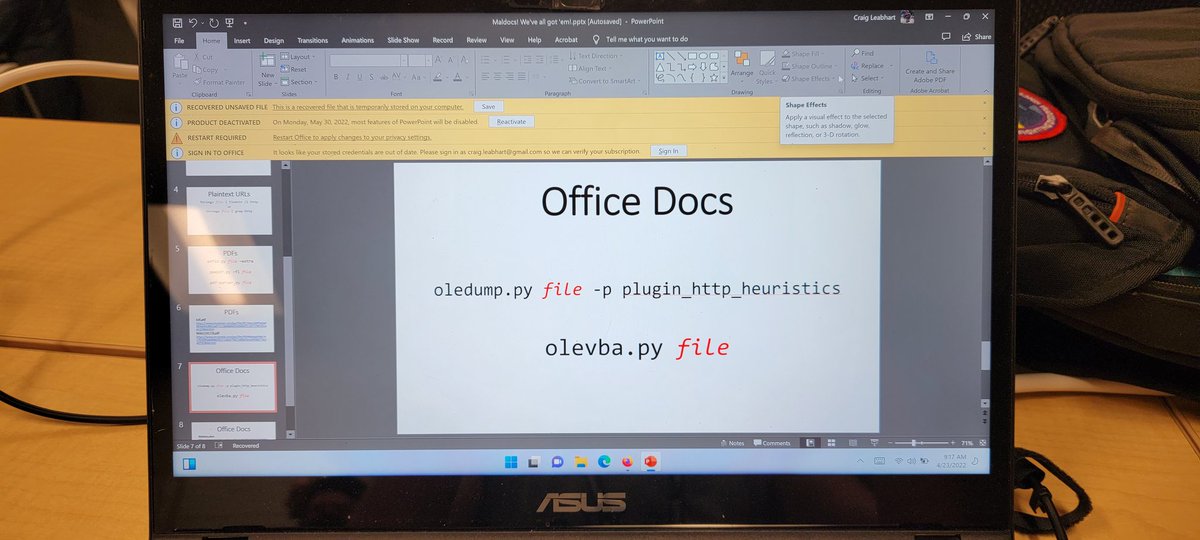 leabhart's tweet photo. Hey @SecDSM! Sitting down to do the @besides ctf and apparently it's been so long since I used this laptop Windows auto opened my presentation slides from when I spoke at a meeting at Grandview before the pandemic 🙃 https://t.co/WCdV1RPBCR