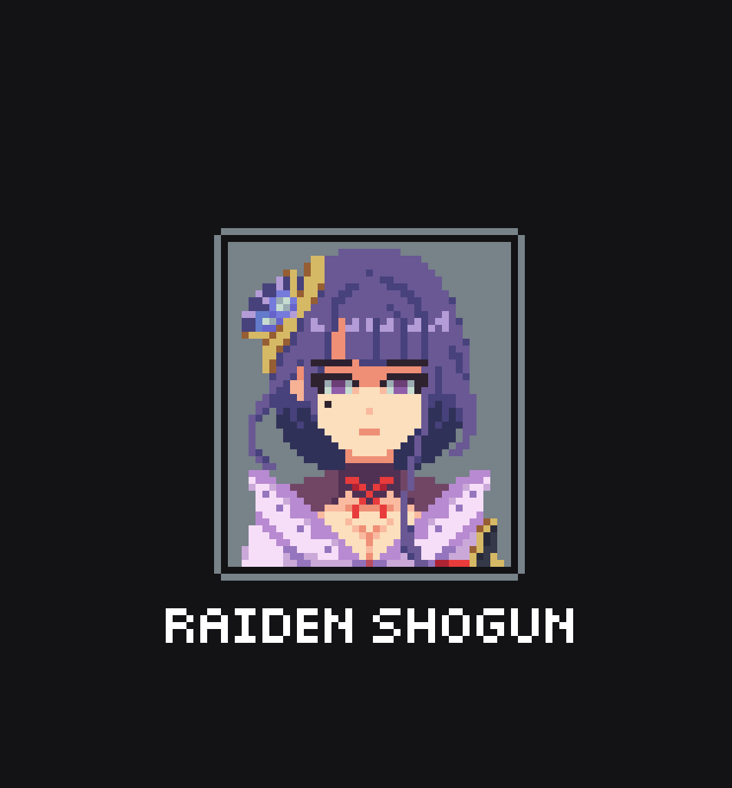 rogiyuu's tweet photo. raiden shogun portrait
#GenshinImpact #pixelart #ドット絵 https://t.co/KGIiwJgNVf