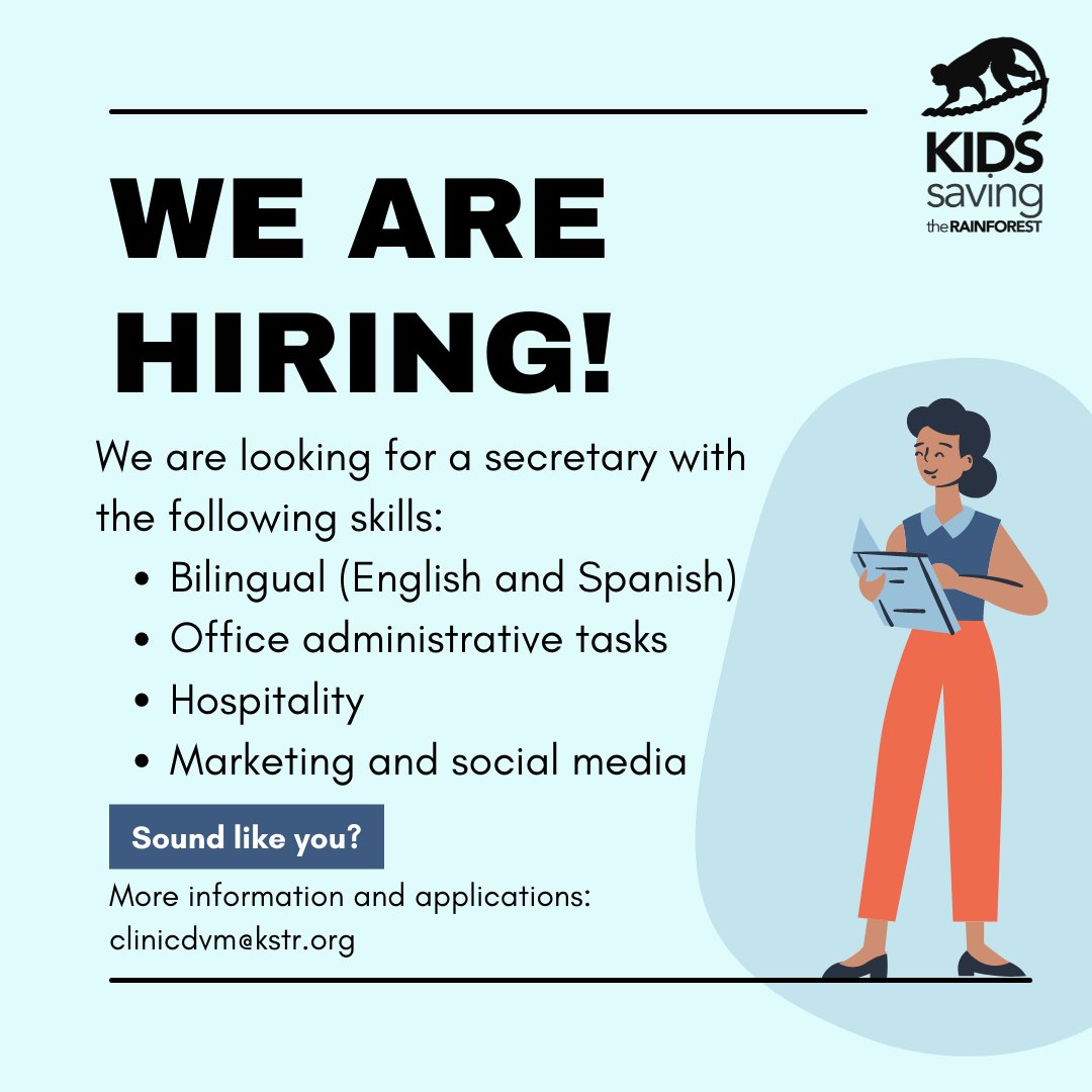 KSTRCR's tweet photo. KSTR is looking for a local bilingual resident with work permit for a Secretary Position🧑🏽‍💻. 

If you are bilingual with experience in office administrative tasks and marketing and social media, apply now! 

We're hiring!

For more information: clinicdvm@kstr.org https://t.co/Lsr0Irt6IQ