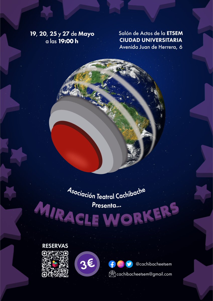 CachibacheETSEM's tweet photo. 🎭🎭 CACHIBACHE 🎭🎭 presenta...

⭐MIRACLE WORKERS⭐

🎫RESERVAS🎫
https://t.co/uuQntKaNrr

⏳DURACIÓN⏳
120 min

REPRESENTACIONES
19, 20, 25, 27 de mayo a las 19:00

🗺️LUGAR🗺️
Salón de Actos de la ETSEM
Avda. Juán de Herrera 6,
Madrid (Ciudad Universitaria)

💰PRECIO💰
3 € https://t.co/EXRjntkhHl