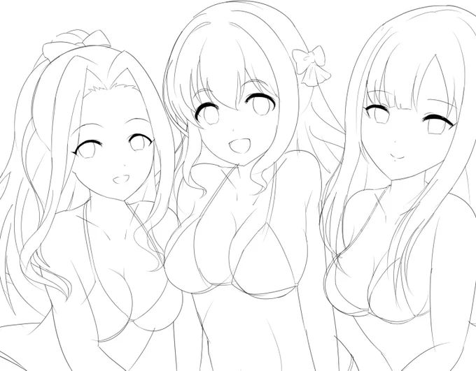 線画描き直したけど良い感じ

最近暑いから夏だもんね、夏は水着だよね。 
