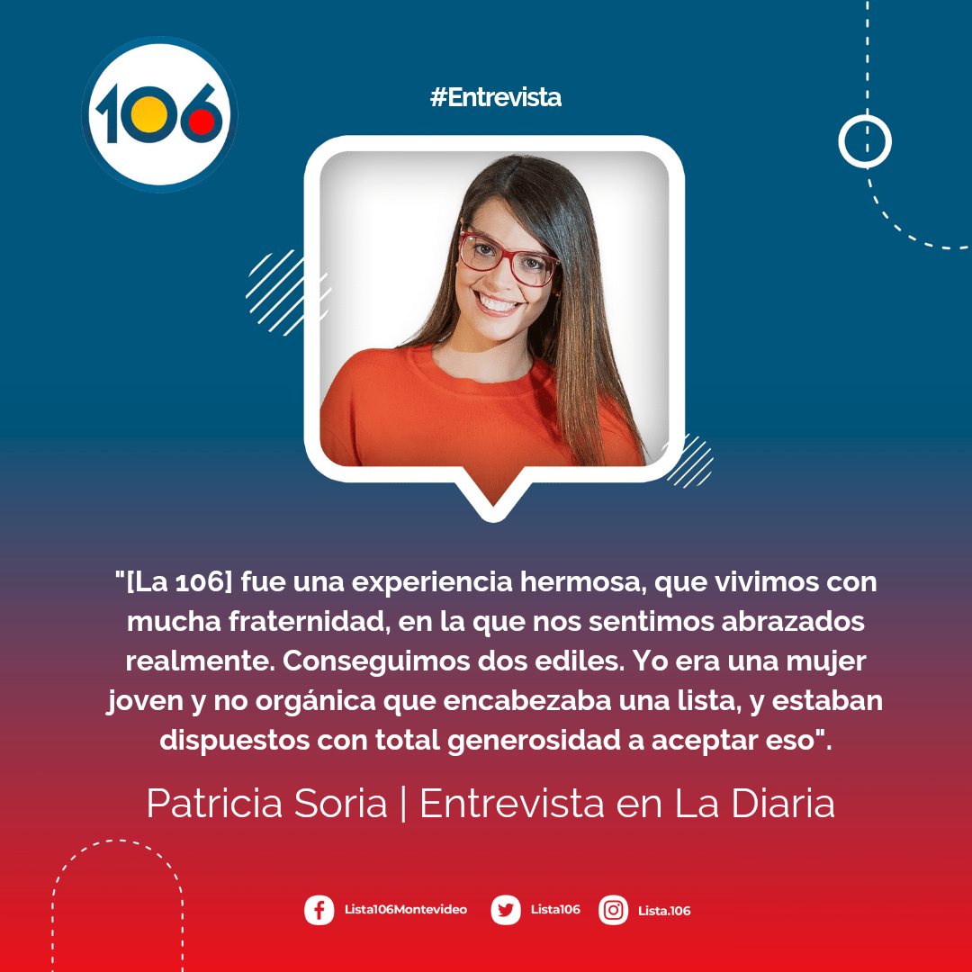 Lista106's tweet photo. Nuestra edila @PatriciaSoria_ en entrevista con @ladiaria habló, entre otras cosas, sobre la experiencia de construcción de la @Lista106, su rol en la Junta y el préstamo para el #ProgramaBID
🔗https://t.co/xP3f7NdV8t https://t.co/xZNqEQroLG