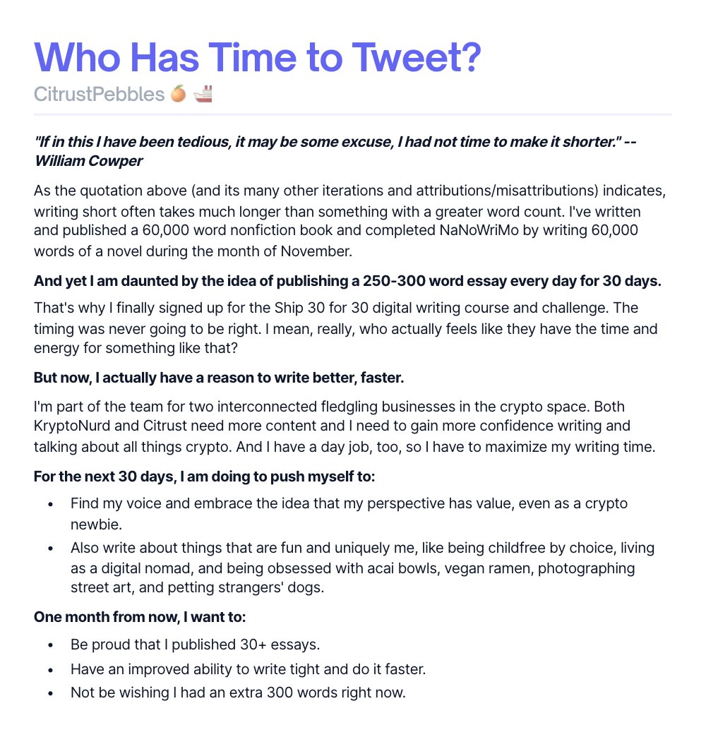 CitrustPebbles's tweet photo. Does anyone else wish they had an extra 300 words right now?
#ship30for30 #writetight #verbose #cryptocurious https://t.co/QVhMqSESBn