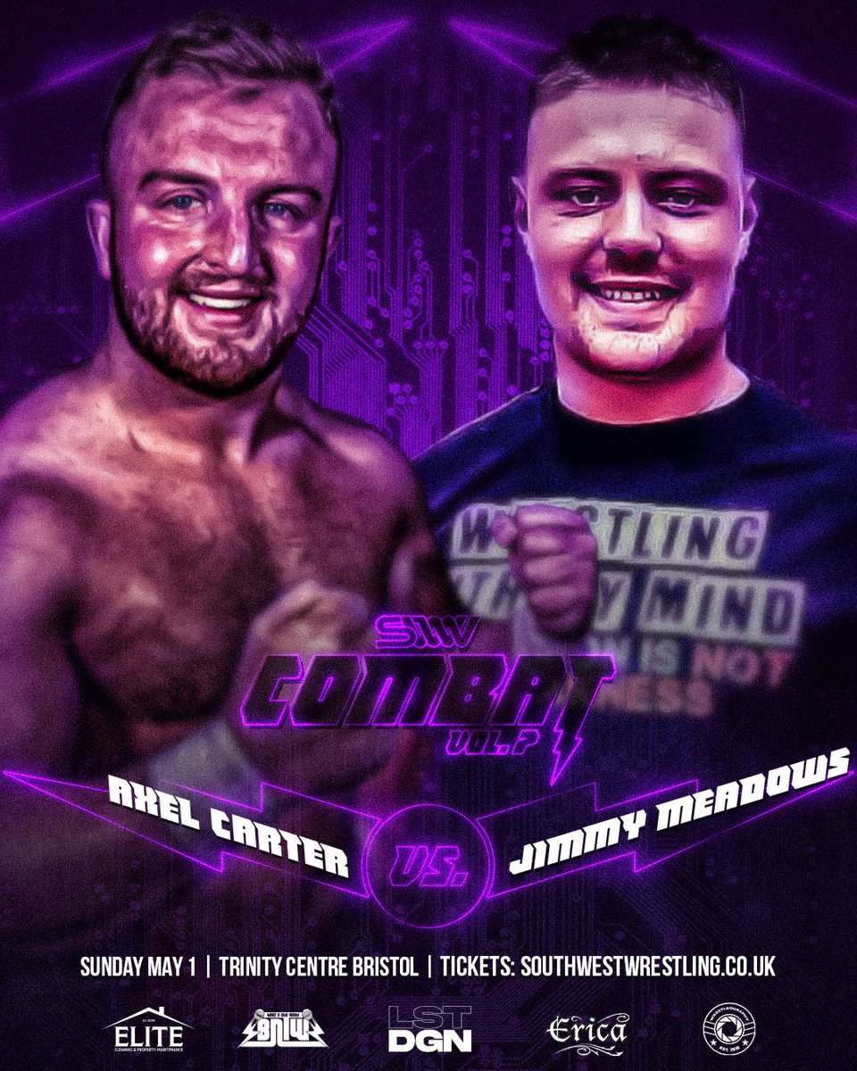 swwwrestling's tweet photo. ๐จCOMBAT Vol. 7 MATCH ANNOUNCEMENT๐จ
Former #BritPro Cup holder @JimmyMeadows11 returns to SWW to take on @RealAxelCarter, but can Axel finally seal a victory over the ruthless vet?
Sunday May 1 | @TrinityBristol
๐ https://t.co/VHBE9AengU
#SWW #COMBAT #Vol7 #Bristol https://t.co/g2LbYTBlHj