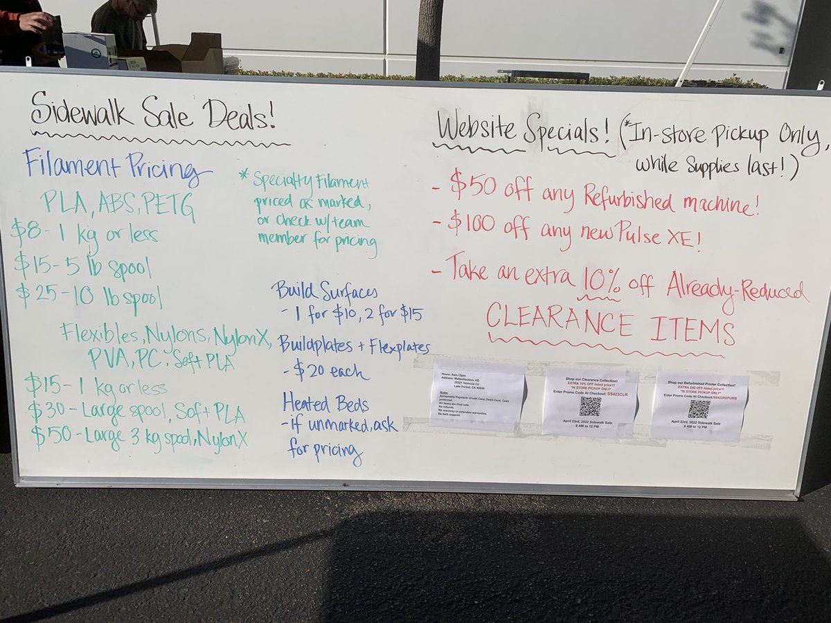 Sidewalk Sale starts now! Locals come down and enjoy DEEP discounts on #3dprinters, filament, and accessories today until noon! All your favorite brands are here!