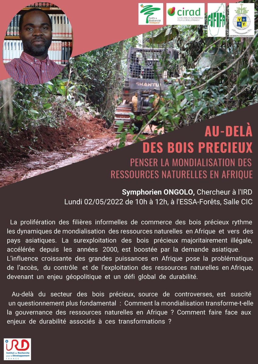 Conférence de Dr. Symphorien Ongolo ce lundi 02 mai 2022 de 10h à 12h à l’<a href="/ESSAForets/">ESSA Eaux et Forêts</a>