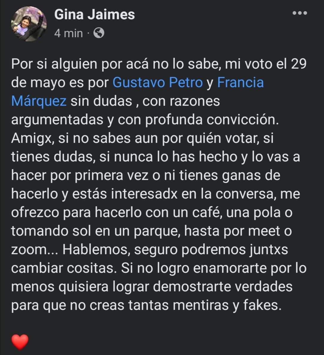 Ginajaimes's tweet photo. Mi voto el 29 de mayo es por @petrogustavo y @FranciaMarquezM sin dudas , con razones argumentadas y con profunda convicción. Amigx, si no sabes aun por quién votar, si tienes dudas y estás interesadx en la conversa, me ofrezco para que hablemos ¿Nos vemos? ¿Me ayudan a difundir? https://t.co/0GJoR6WEIV