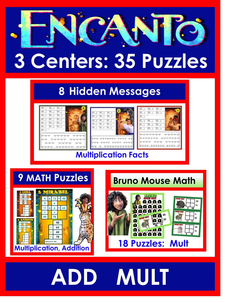ElemTeach81's tweet photo. ENCANTO math!
12 math centers: add, sub, mult - grades 2-6!
Download urs here: https://t.co/FCmc2xFU6v
#satchat #satchateu #edugladiators #leadupchat #educhat #nt2t #crazypln #pd4uandmde #edchat #teachertwitter #mathchat #education #encanto https://t.co/ipTuQ7Yvln