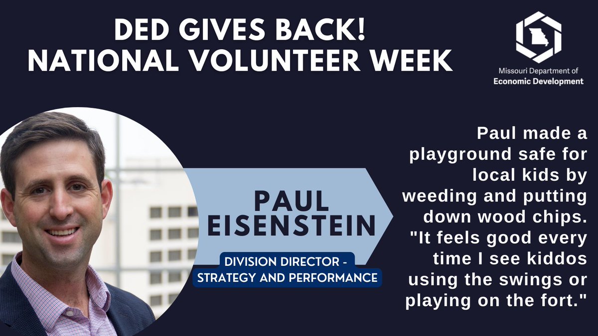 ShowMeService's tweet photo. For #NationalVolunteerWeek we are highlighting
@MoEcoDevo employees who give back!
Paul, an @AmeriCorpsVISTA Alum, from Strategy and Performance helped to beautify a local playground!
Visit https://t.co/pQfrKAkc8S to volunteer in #Missouri.
#ShowMeService #DEDGivesBack https://t.co/b1FlSYy4Rn