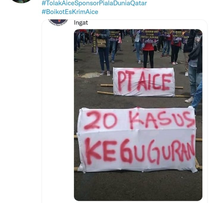 AlfianAlizka's tweet photo. Ingat PT Aice ada 20 kasus keguguran.
#BoikotAice
#IndonesiaBoikotAice
#TolakAiceSebagaiSponsorPialaDuniaQatar https://t.co/P5JtZ0vqJ7