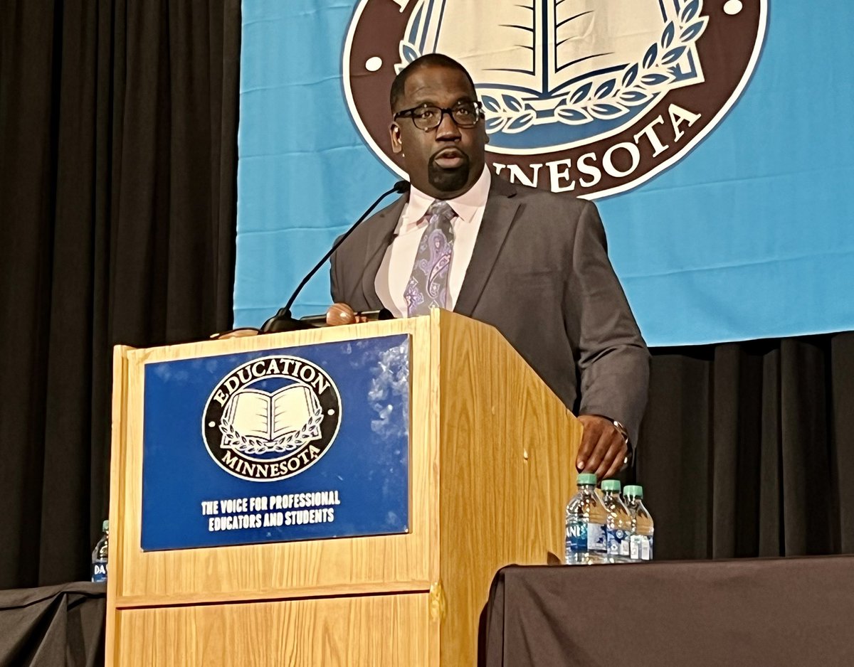 EducationMN's tweet photo. “Sometimes a kid has got to believe in you before they believe in themselves,” @AFTunion Secretary-Treasurer @fedingram tells #edmnrc delegates in acknowledging the importance of Minnesota educators in students’ lives. https://t.co/3NqarJwpMU