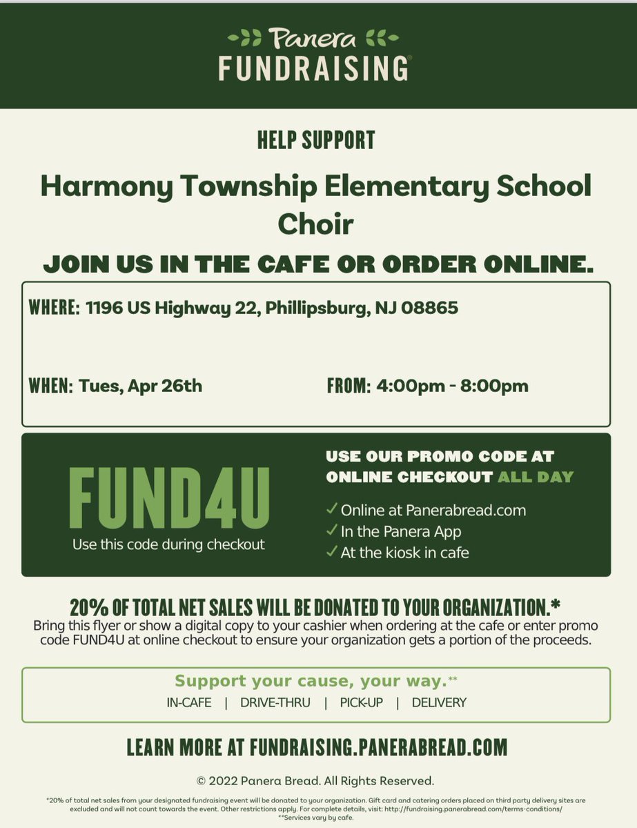 MusicWendt's tweet photo. While we may be getting worried about our relaxing break coming to an end, here’s one thing not to worry about for next week: dinner! Come support the Harmony Choir by dining at Panera Bread on Tuesday, April 26th from 4-8pm! Mention us and 20% of the proceeds will be donated! https://t.co/MqQm34wKCv