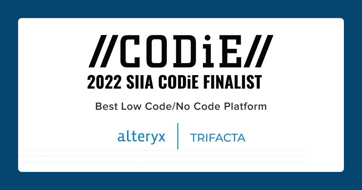 Trifacta's tweet photo. Amidst a very competitive field, we're honored to have been selected as a finalist in the "Best No Code/ Low Code Platform" category for the  @SIIA #CODiEAwards.

“...highlight the products and people who drove their industries forward through innovative products and leadership" https://t.co/yDmo8NZ0EX